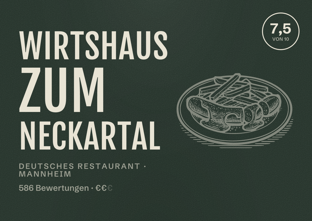 Illustriertes Poster von Wirtshaus zum Neckartal, Deutsches Restaurant in Mannheim: Bewertung 7,5 von 10 aus 586 Bewertungen, Preisniveau €€