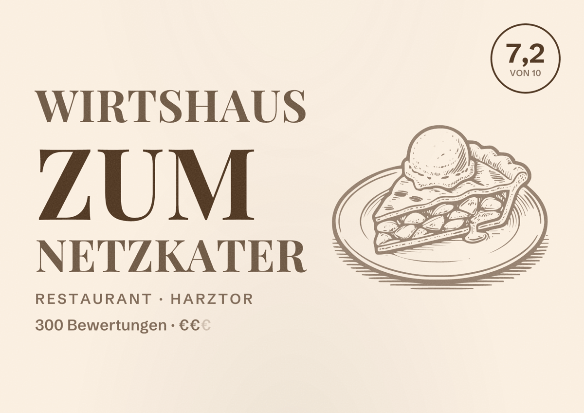 Illustriertes Poster von Wirtshaus zum Netzkater, Restaurant in Harztor: Bewertung 7,2 von 10 aus 300 Bewertungen, Preisniveau €€
