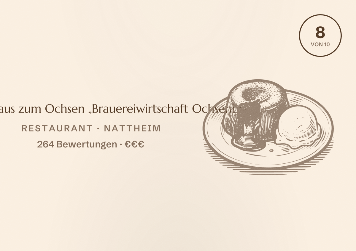 Illustriertes Poster von Wirtshaus zum Ochsen „Brauereiwirtschaft Ochsenbräu“, Restaurant in Nattheim: Bewertung 8 von 10 aus 264 Bewertungen, Preisniveau €€€