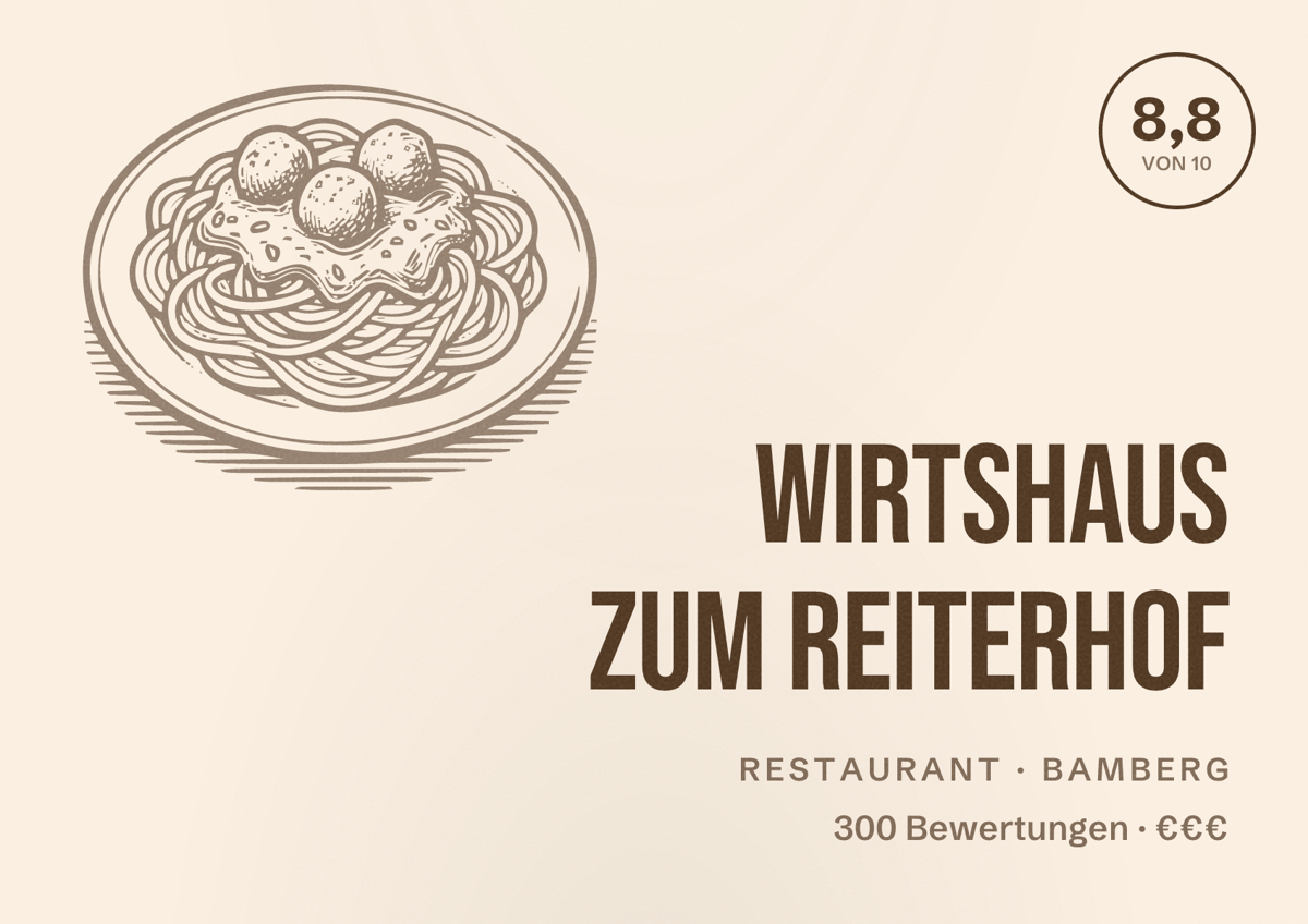 Illustriertes Poster von Wirtshaus zum Reiterhof, Restaurant in Bamberg: Bewertung 8,8 von 10 aus 300 Bewertungen, Preisniveau €€€