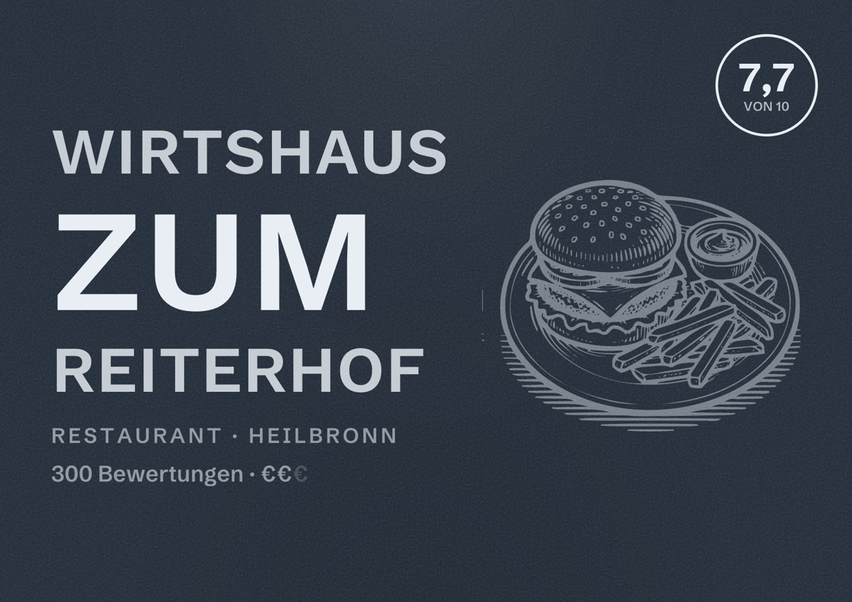 Illustriertes Poster von Wirtshaus zum Reiterhof, Restaurant in Heilbronn: Bewertung 7,7 von 10 aus 300 Bewertungen, Preisniveau €€