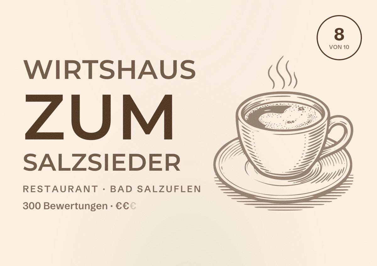 Illustriertes Poster von Wirtshaus Zum Salzsieder, Restaurant in Bad Salzuflen: Bewertung 8 von 10 aus 300 Bewertungen, Preisniveau €€