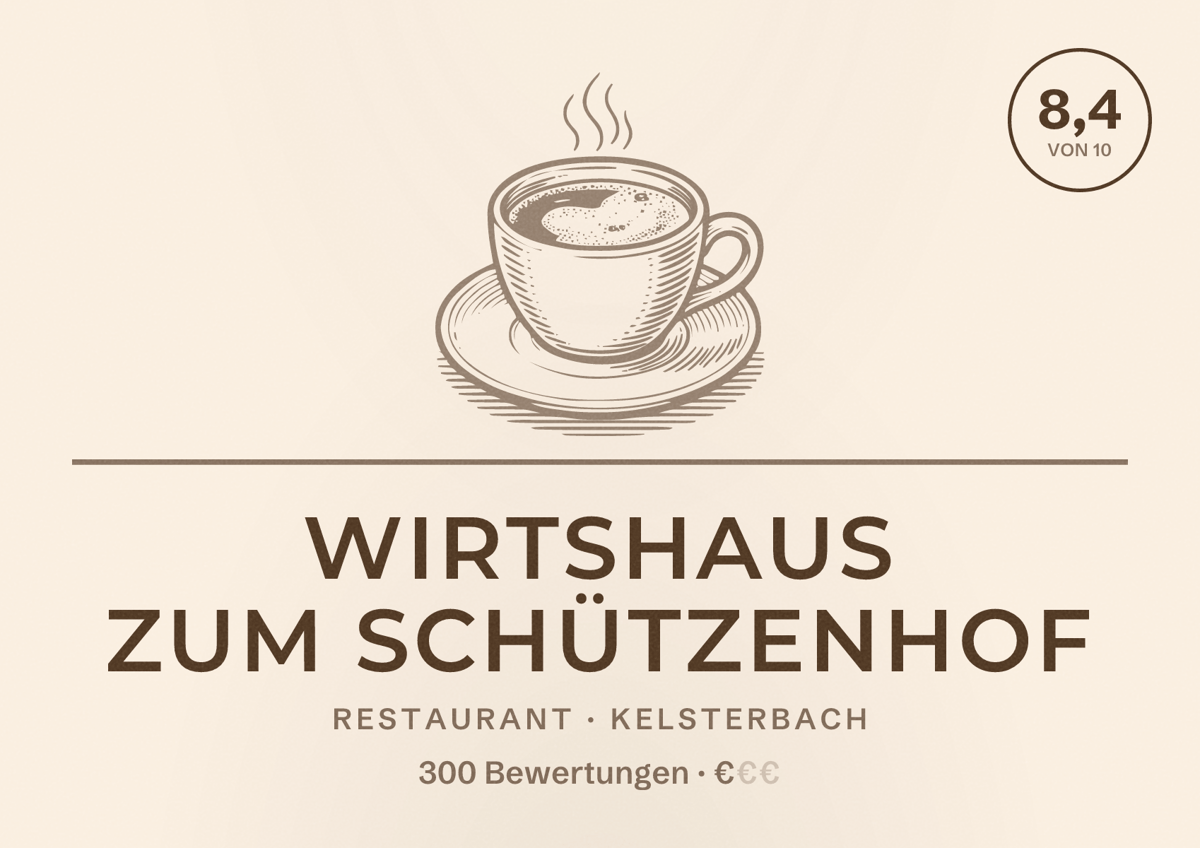 Illustriertes Poster von Wirtshaus zum Schützenhof, Restaurant in Kelsterbach: Bewertung 8,4 von 10 aus 300 Bewertungen, Preisniveau €