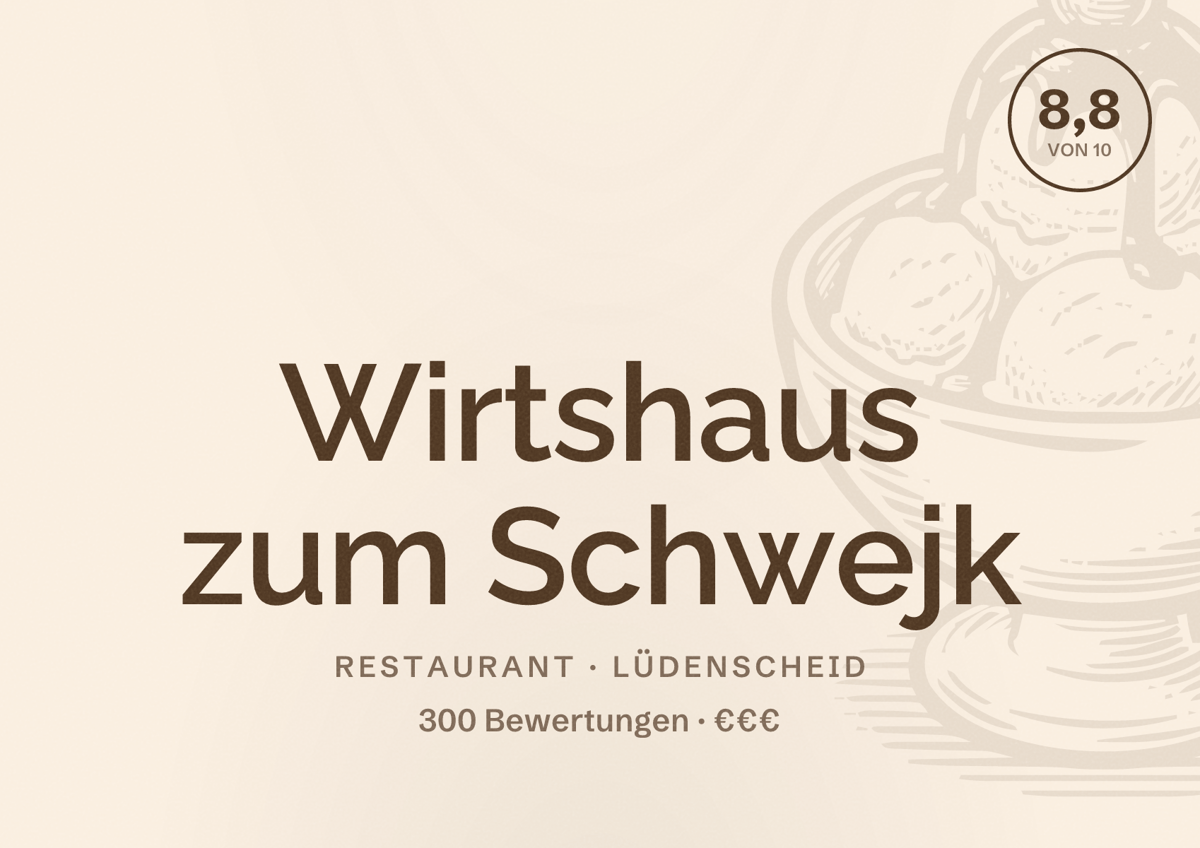 Illustriertes Poster von Wirtshaus zum Schwejk, Restaurant in Lüdenscheid: Bewertung 8,8 von 10 aus 300 Bewertungen, Preisniveau €€€