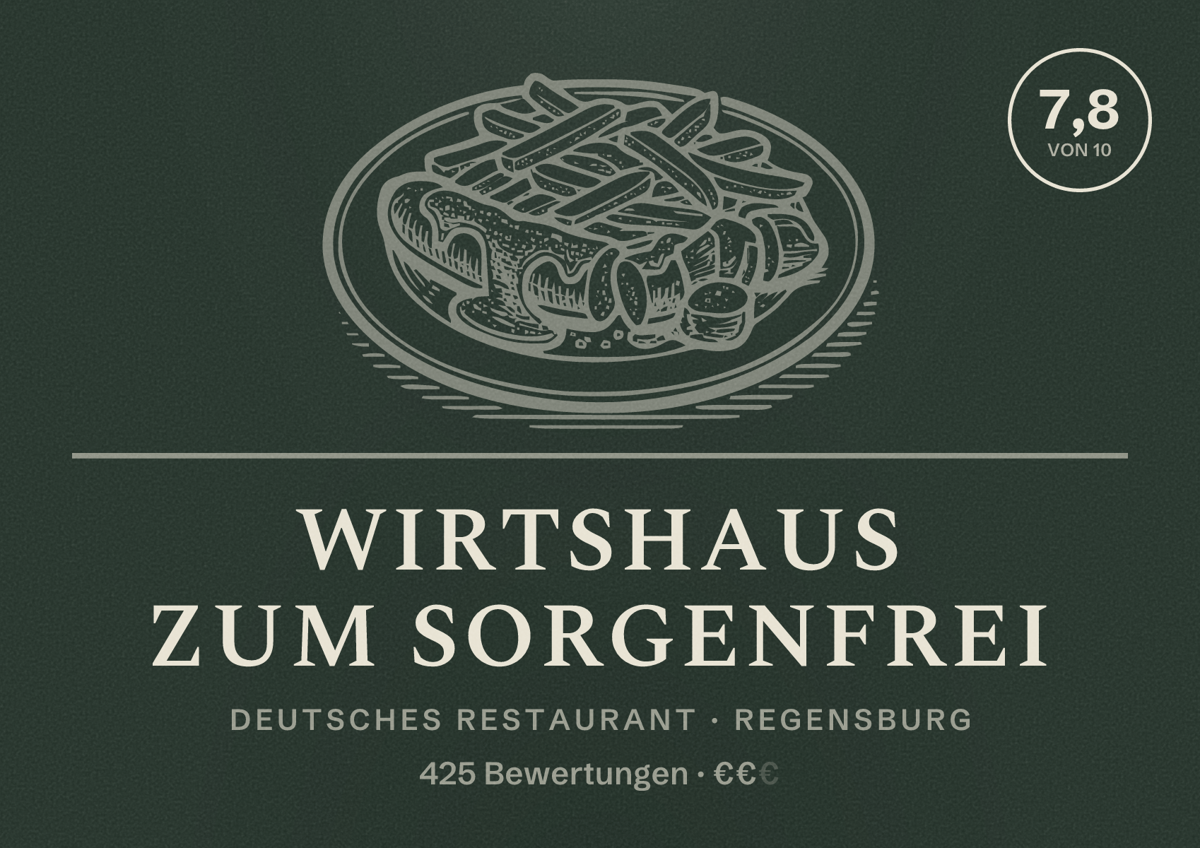 Illustriertes Poster von Wirtshaus Zum Sorgenfrei, Deutsches Restaurant in Regensburg: Bewertung 7,8 von 10 aus 425 Bewertungen, Preisniveau €€