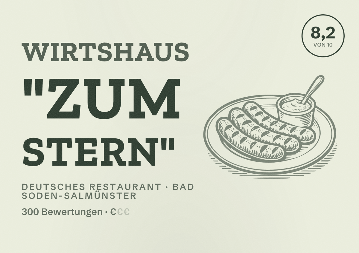 Illustriertes Poster von Wirtshaus "Zum Stern", Deutsches Restaurant in Bad Soden-Salmünster: Bewertung 8,2 von 10 aus 300 Bewertungen, Preisniveau €