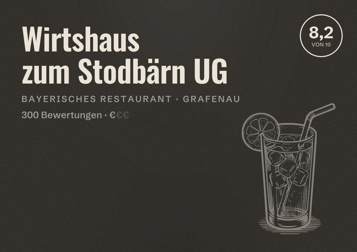 Illustriertes Poster von Wirtshaus zum Stodbärn UG, Bayerisches Restaurant in Grafenau: Bewertung 8,2 von 10 aus 300 Bewertungen, Preisniveau €