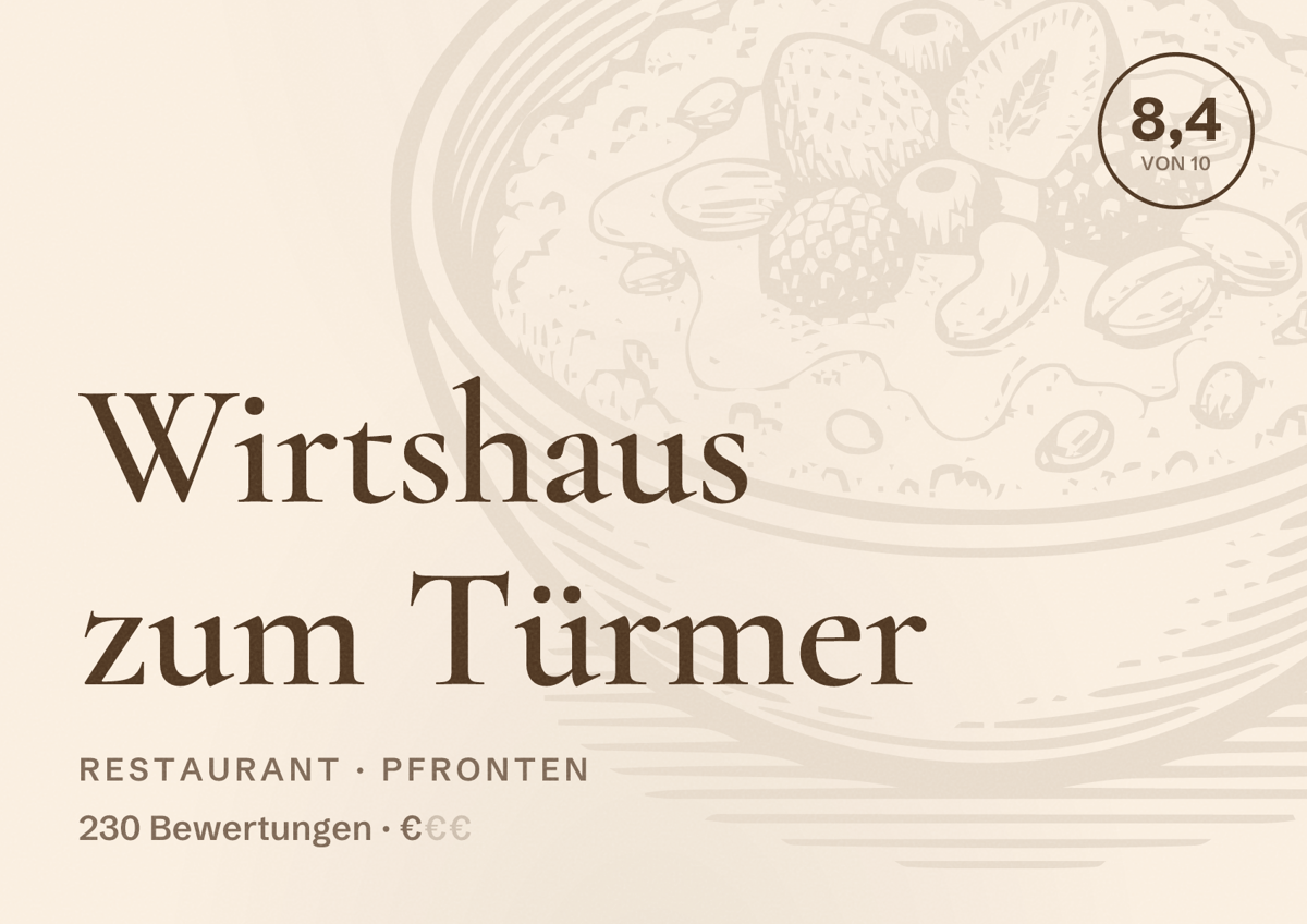 Illustriertes Poster von Wirtshaus zum Türmer, Restaurant in Pfronten: Bewertung 8,4 von 10 aus 230 Bewertungen, Preisniveau €