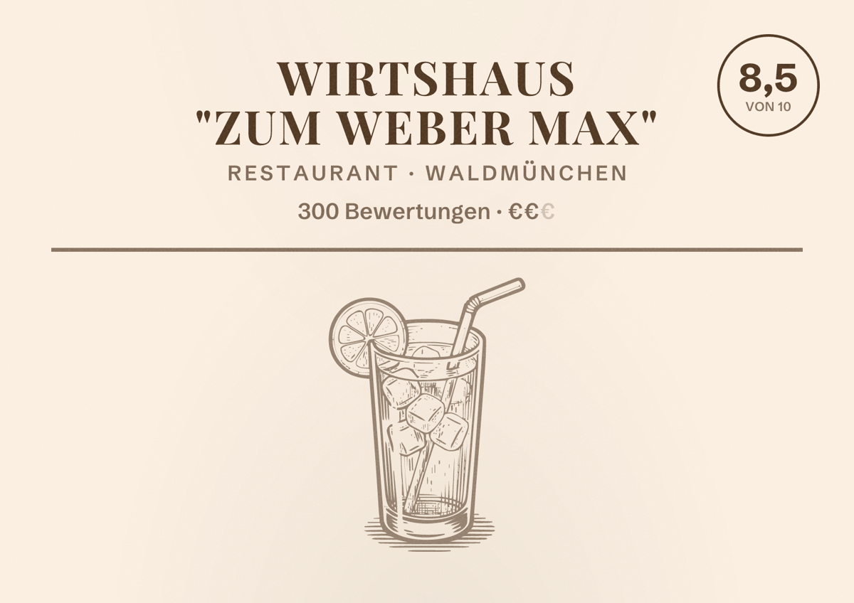 Illustriertes Poster von Wirtshaus "Zum Weber Max", Restaurant in Waldmünchen: Bewertung 8,5 von 10 aus 300 Bewertungen, Preisniveau €€