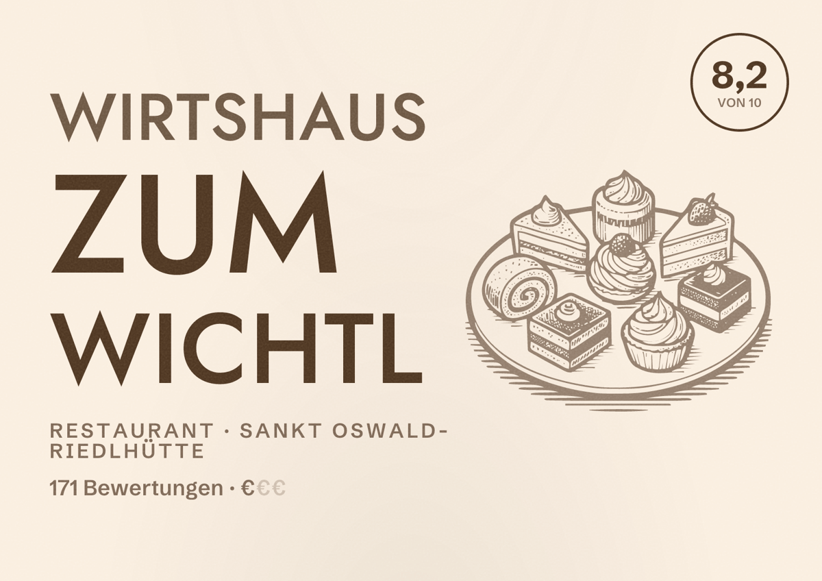 Illustriertes Poster von Wirtshaus zum Wichtl, Restaurant in Sankt Oswald-Riedlhütte: Bewertung 8,2 von 10 aus 171 Bewertungen, Preisniveau €