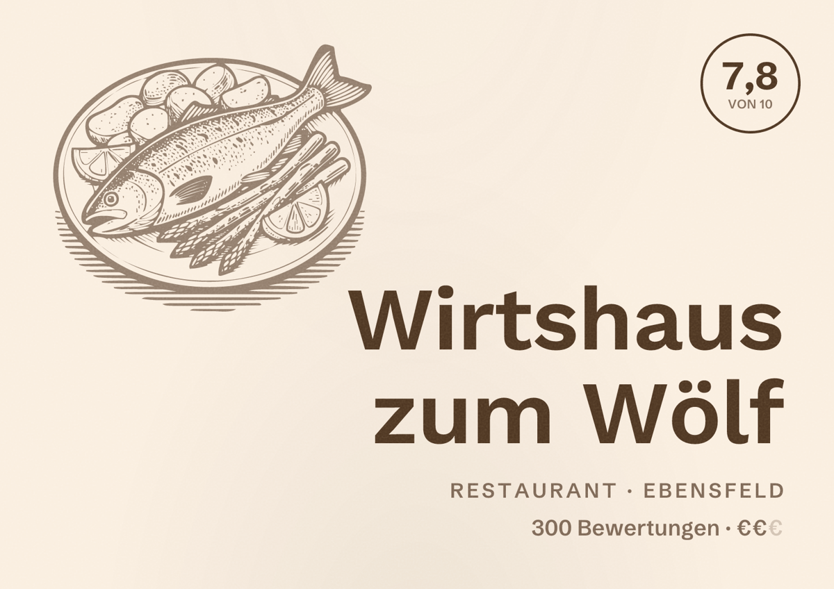 Illustriertes Poster von Wirtshaus zum Wölf, Restaurant in Ebensfeld: Bewertung 7,8 von 10 aus 300 Bewertungen, Preisniveau €€