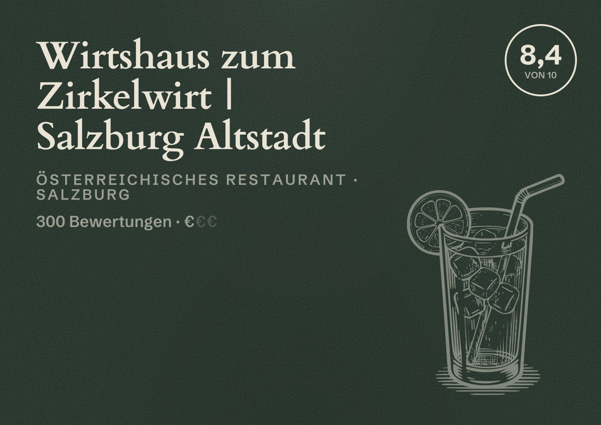 Illustriertes Poster von Wirtshaus zum Zirkelwirt | Salzburg Altstadt, Österreichisches Restaurant in Salzburg: Bewertung 8,4 von 10 aus 300 Bewertungen, Preisniveau €