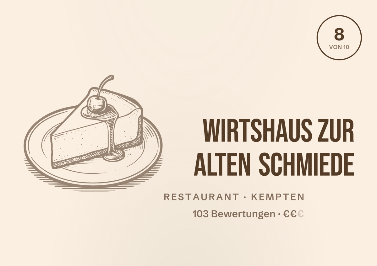 Illustriertes Poster von Wirtshaus Zur alten Schmiede, Restaurant in Kempten: Bewertung 8 von 10 aus 103 Bewertungen, Preisniveau €€