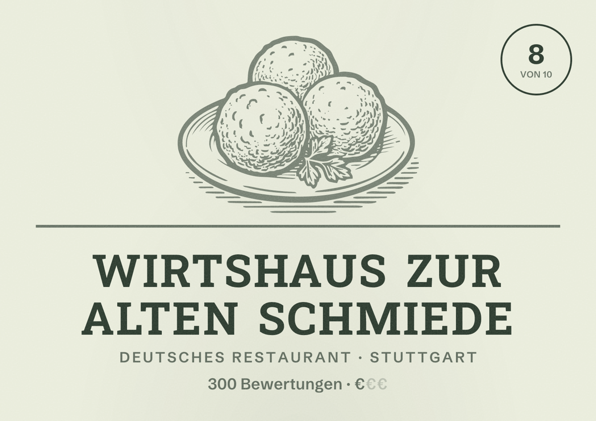 Illustriertes Poster von Wirtshaus zur alten Schmiede, Deutsches Restaurant in Stuttgart: Bewertung 8,0 von 10 aus 300 Bewertungen, Preisniveau €