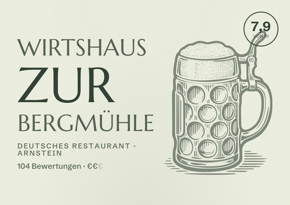 Illustriertes Poster von Wirtshaus zur Bergmühle, Deutsches Restaurant in Arnstein: Bewertung 7,9 von 10 aus 104 Bewertungen, Preisniveau €€