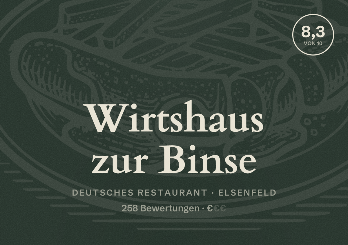 Illustriertes Poster von Wirtshaus zur Binse, Deutsches Restaurant in Elsenfeld: Bewertung 8,3 von 10 aus 258 Bewertungen, Preisniveau €