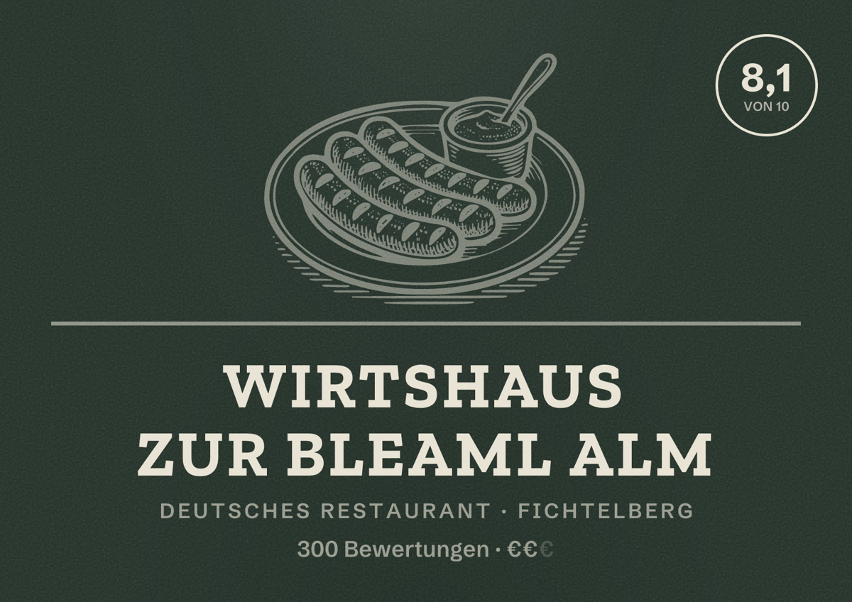 Illustriertes Poster von Wirtshaus zur Bleaml Alm, Deutsches Restaurant in Fichtelberg: Bewertung 8,1 von 10 aus 300 Bewertungen, Preisniveau €€