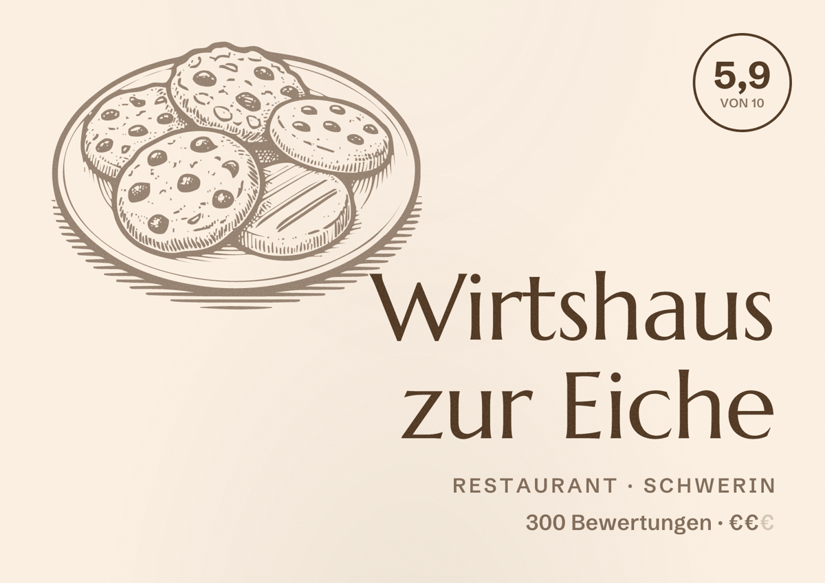 Illustriertes Poster von Wirtshaus zur Eiche, Restaurant in Schwerin: Bewertung 5,9 von 10 aus 300 Bewertungen, Preisniveau €€