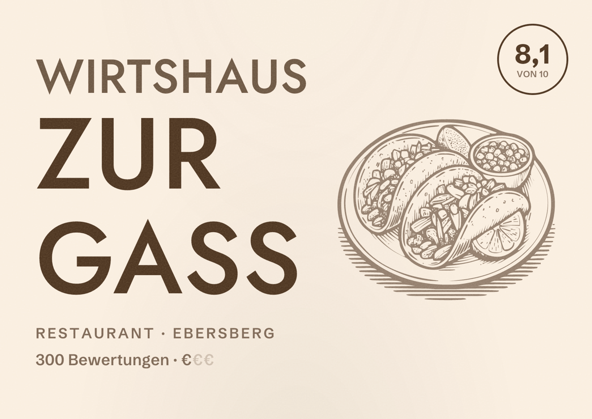 Illustriertes Poster von Wirtshaus zur Gass, Restaurant in Ebersberg: Bewertung 8,1 von 10 aus 300 Bewertungen, Preisniveau €