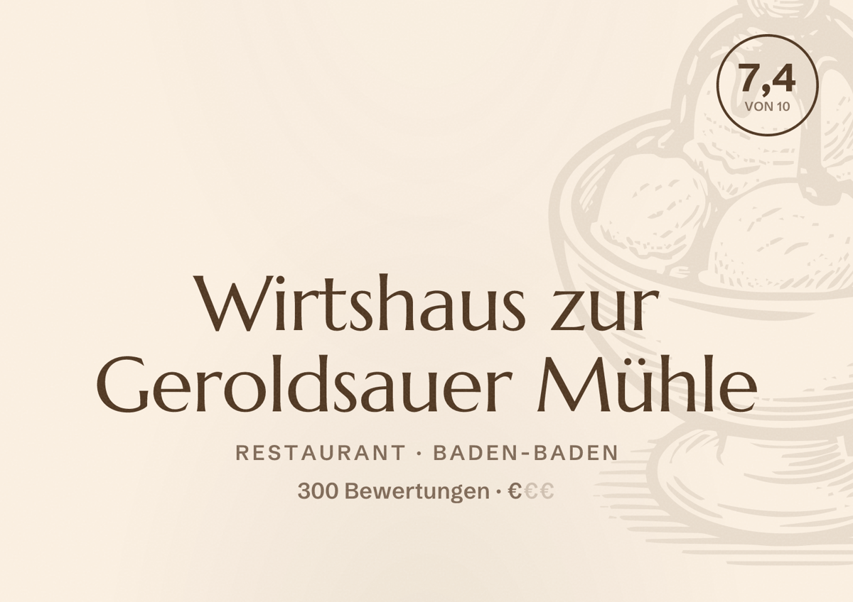 Illustriertes Poster von Wirtshaus zur Geroldsauer Mühle, Restaurant in Baden-Baden: Bewertung 7,4 von 10 aus 300 Bewertungen, Preisniveau €