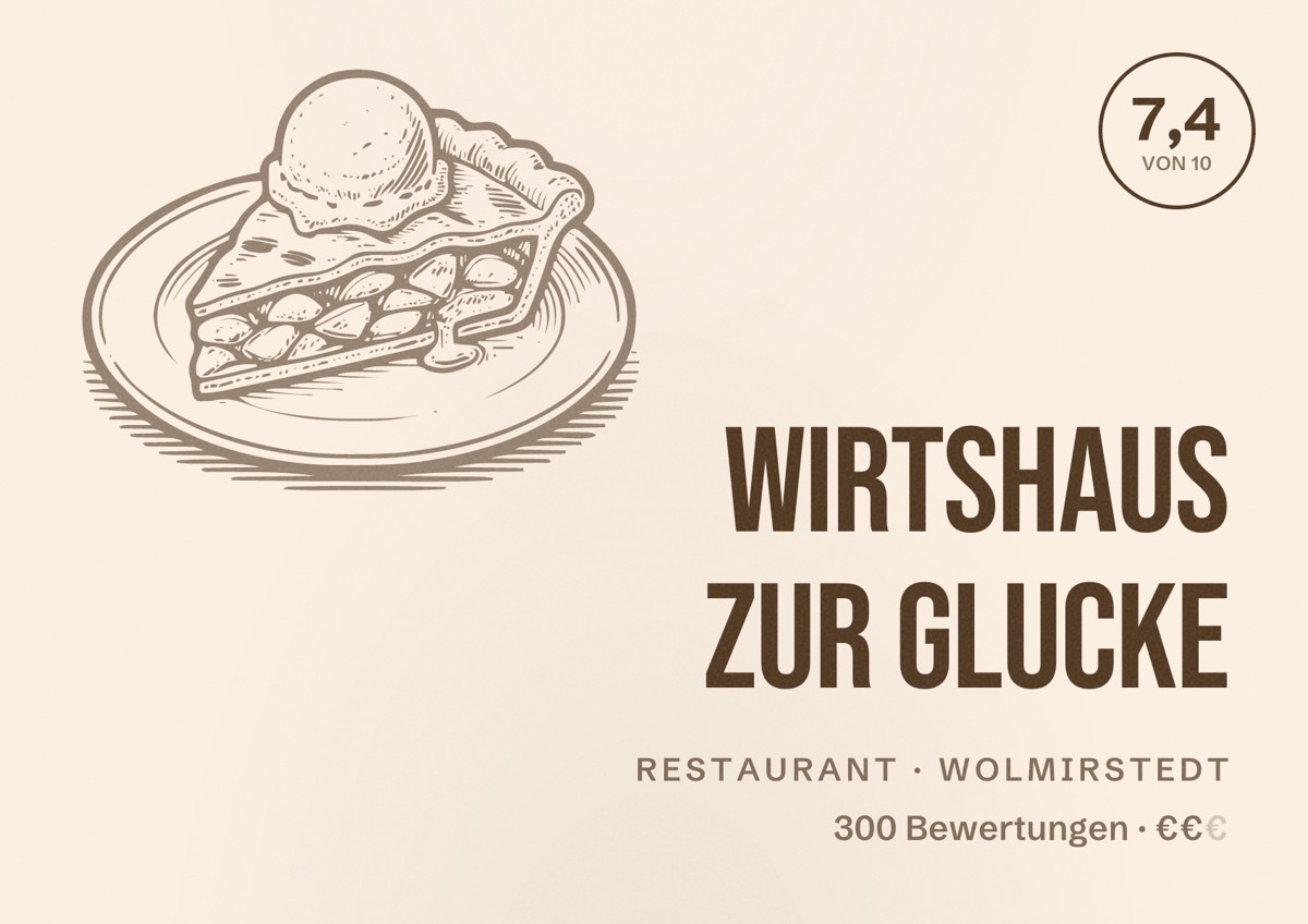 Illustriertes Poster von Wirtshaus Zur Glucke, Restaurant in Wolmirstedt: Bewertung 7,4 von 10 aus 300 Bewertungen, Preisniveau €€