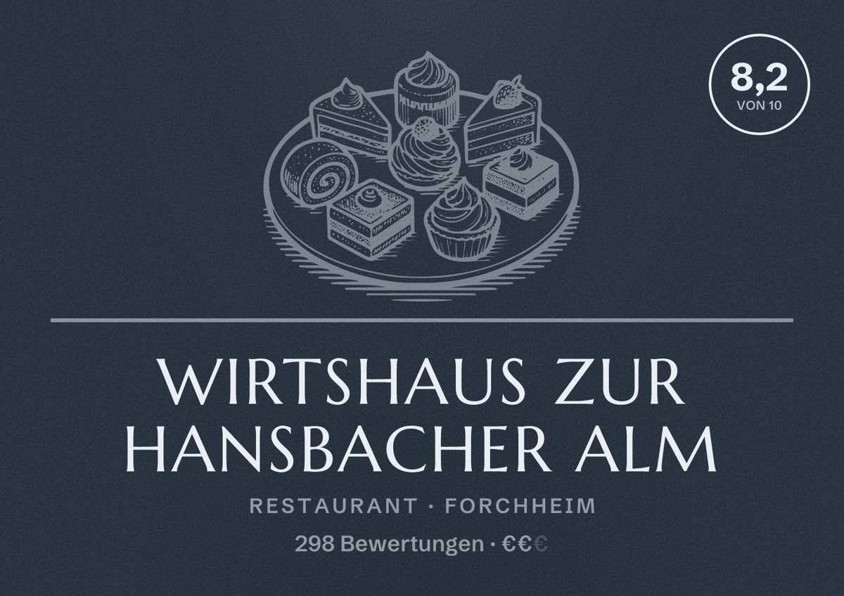 Illustriertes Poster von Wirtshaus zur Hansbacher Alm, Restaurant in Forchheim: Bewertung 8,2 von 10 aus 298 Bewertungen, Preisniveau €€