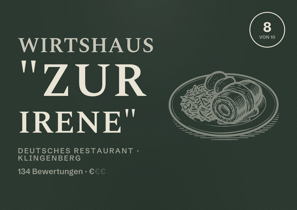 Illustriertes Poster von Wirtshaus "Zur Irene", Deutsches Restaurant in Klingenberg: Bewertung 8 von 10 aus 134 Bewertungen, Preisniveau €