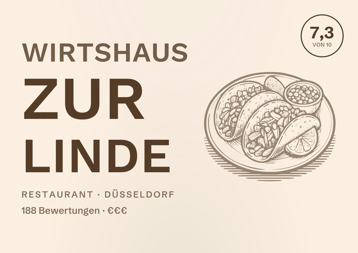 Illustriertes Poster von Wirtshaus Zur Linde, Restaurant in Düsseldorf: Bewertung 7,3 von 10 aus 188 Bewertungen, Preisniveau €€€