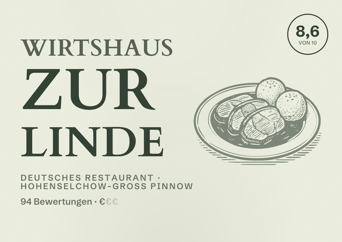 Illustriertes Poster von Wirtshaus zur Linde, Deutsches Restaurant in Hohenselchow-Groß Pinnow: Bewertung 8,6 von 10 aus 94 Bewertungen, Preisniveau €