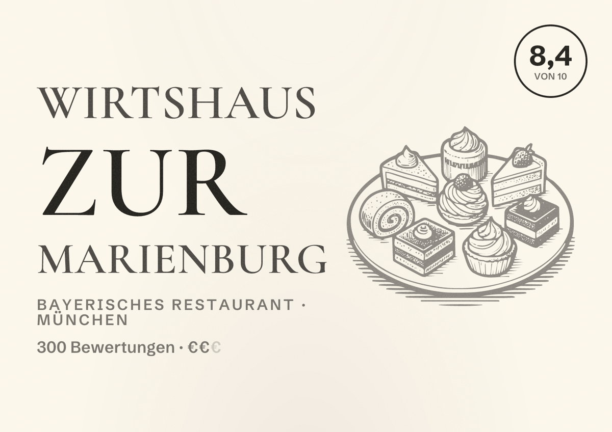 Illustriertes Poster von Wirtshaus zur Marienburg, Bayerisches Restaurant in München: Bewertung 8,4 von 10 aus 300 Bewertungen, Preisniveau €€