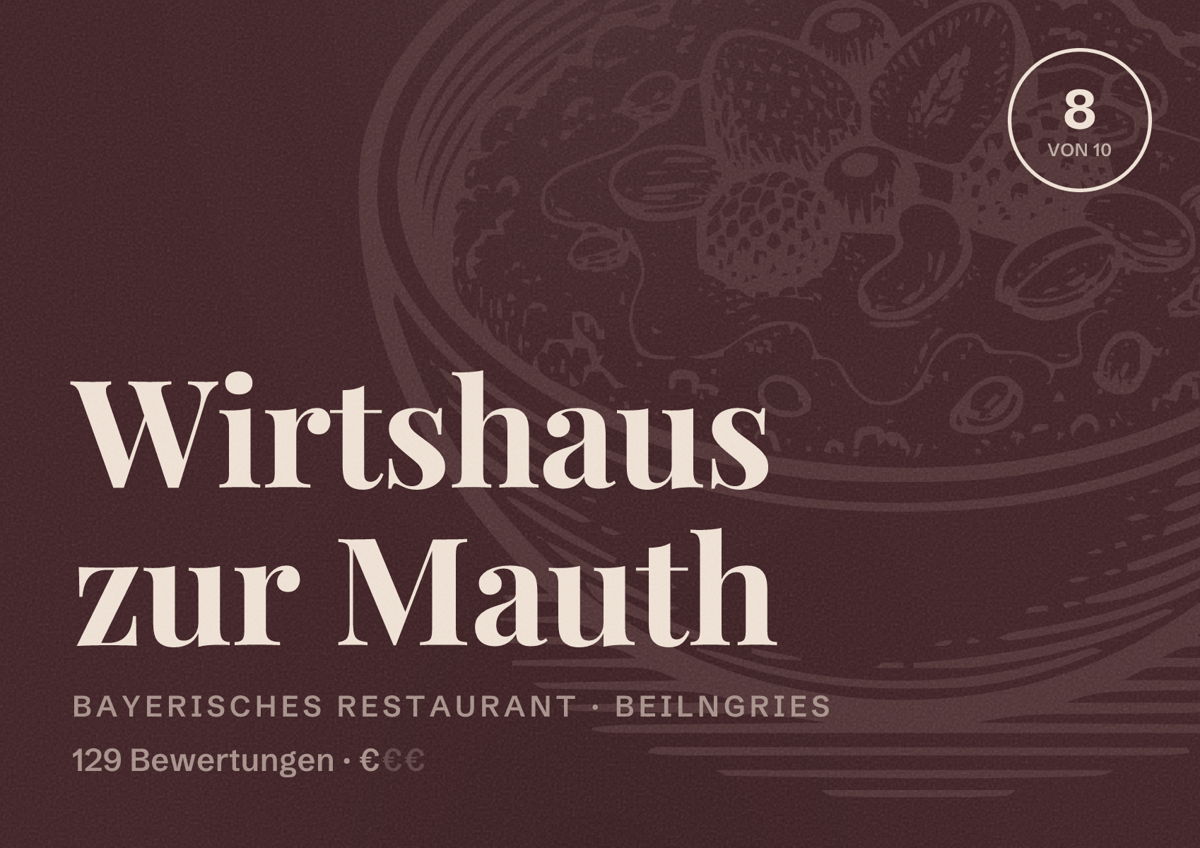 Illustriertes Poster von Wirtshaus zur Mauth, Bayerisches Restaurant in Beilngries: Bewertung 8 von 10 aus 129 Bewertungen, Preisniveau €