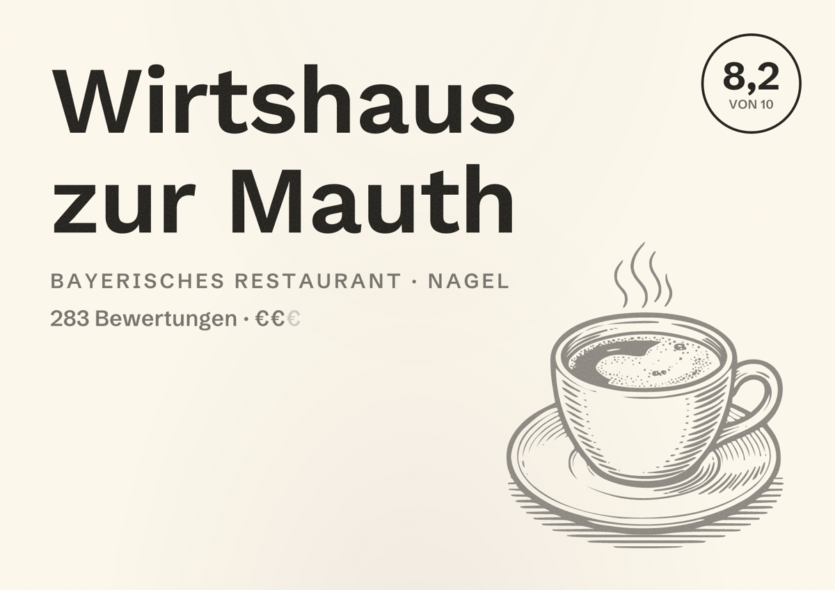 Illustriertes Poster von Wirtshaus zur Mauth, Bayerisches Restaurant in Nagel: Bewertung 8,2 von 10 aus 283 Bewertungen, Preisniveau €€