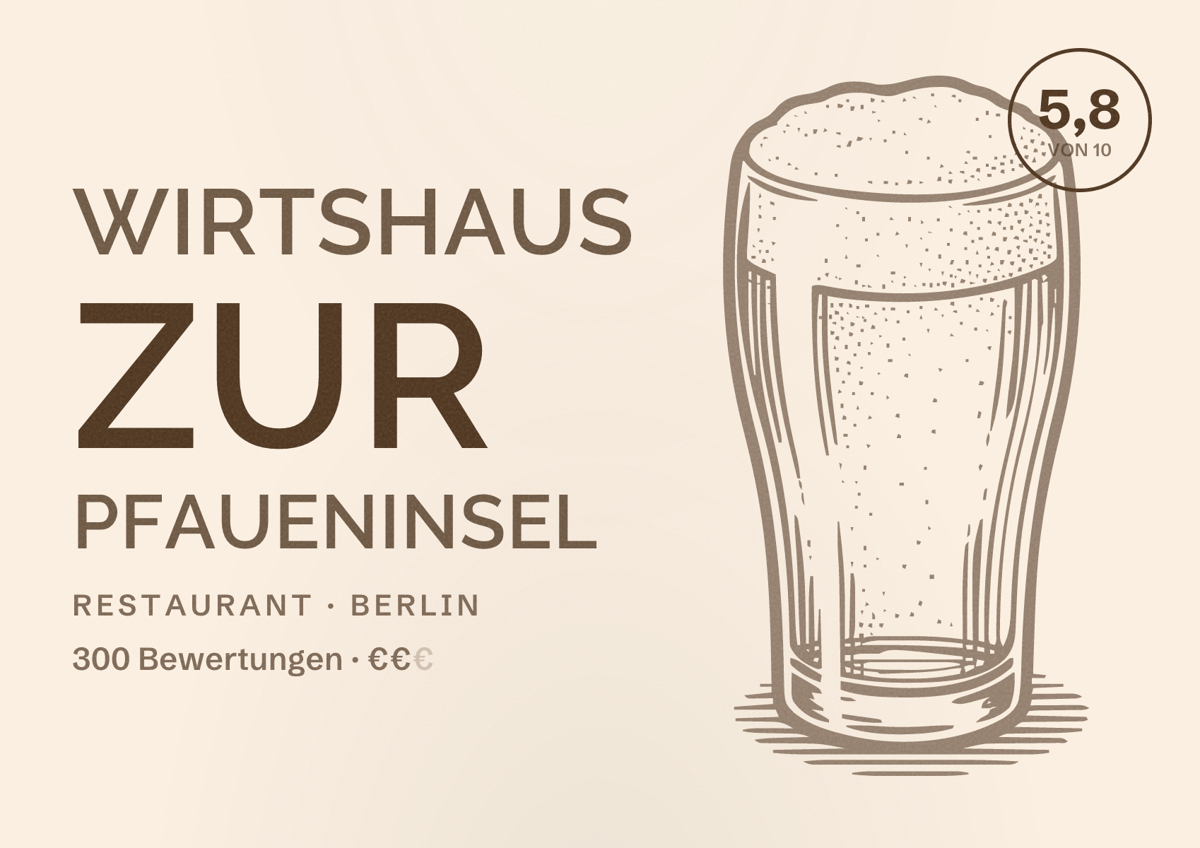 Illustriertes Poster von Wirtshaus zur Pfaueninsel, Restaurant in Berlin: Bewertung 5,8 von 10 aus 300 Bewertungen, Preisniveau €€