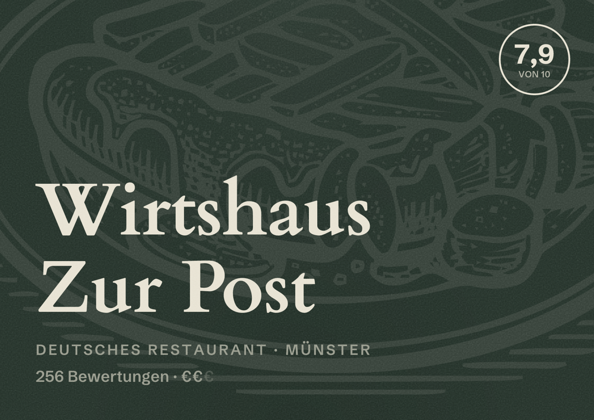 Illustriertes Poster von Wirtshaus Zur Post, Deutsches Restaurant in Münster: Bewertung 7,9 von 10 aus 256 Bewertungen, Preisniveau €€