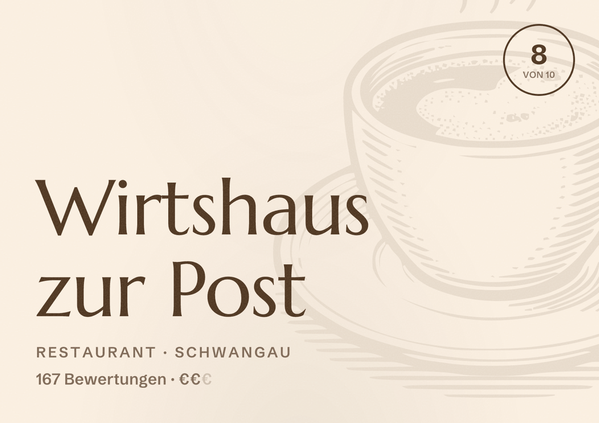 Illustriertes Poster von Wirtshaus zur Post, Restaurant in Schwangau: Bewertung 8 von 10 aus 167 Bewertungen, Preisniveau €€