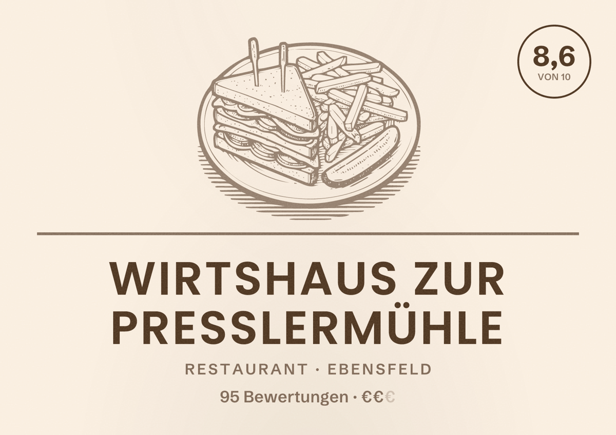 Illustriertes Poster von Wirtshaus zur Presslermühle, Restaurant in Ebensfeld: Bewertung 8,6 von 10 aus 95 Bewertungen, Preisniveau €€