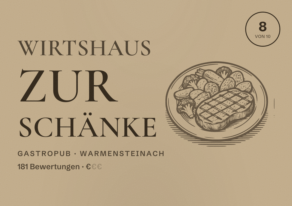 Illustriertes Poster von Wirtshaus zur Schänke, Gastropub in Warmensteinach: Bewertung 8 von 10 aus 181 Bewertungen, Preisniveau €