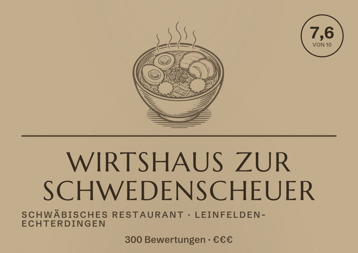 Illustriertes Poster von Wirtshaus zur Schwedenscheuer, Schwäbisches Restaurant in Leinfelden-Echterdingen: Bewertung 7,6 von 10 aus 300 Bewertungen, Preisniveau €€€