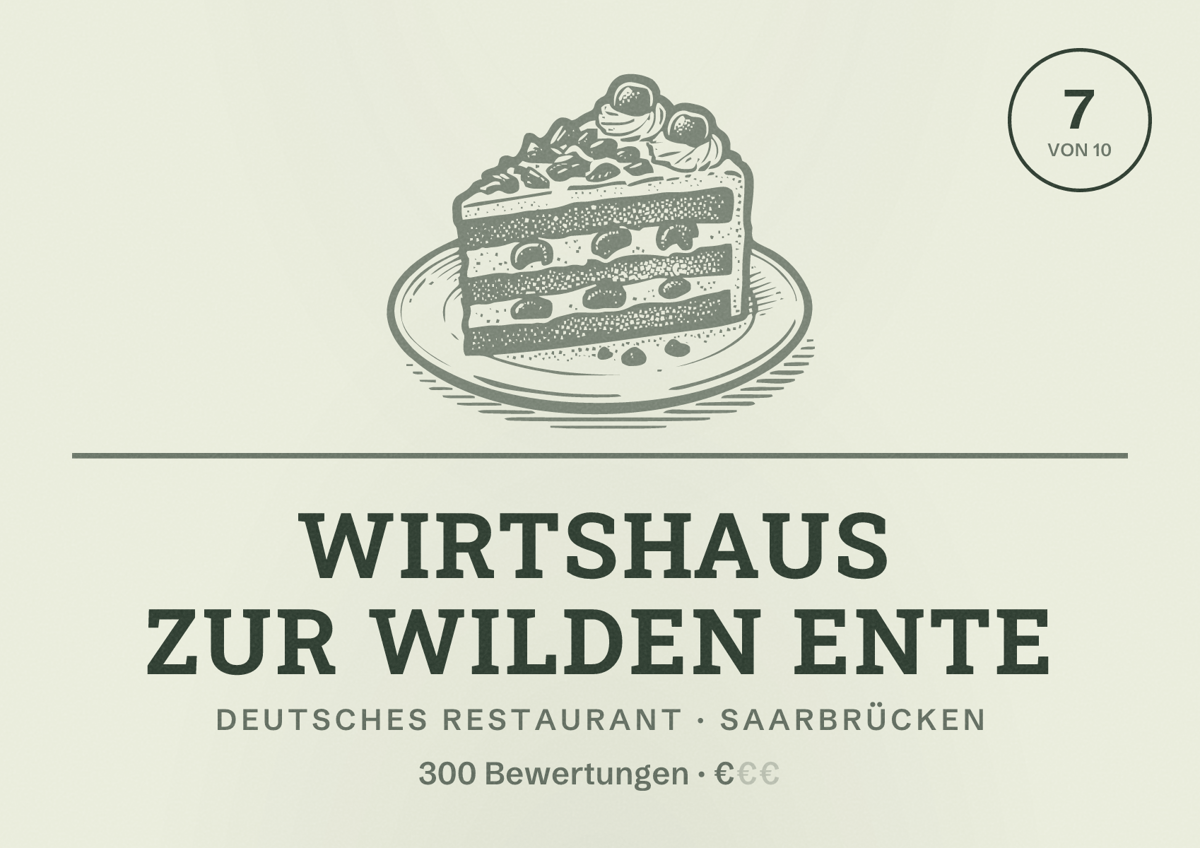 Illustriertes Poster von Wirtshaus Zur Wilden Ente, Deutsches Restaurant in Saarbrücken: Bewertung 7,0 von 10 aus 300 Bewertungen, Preisniveau €