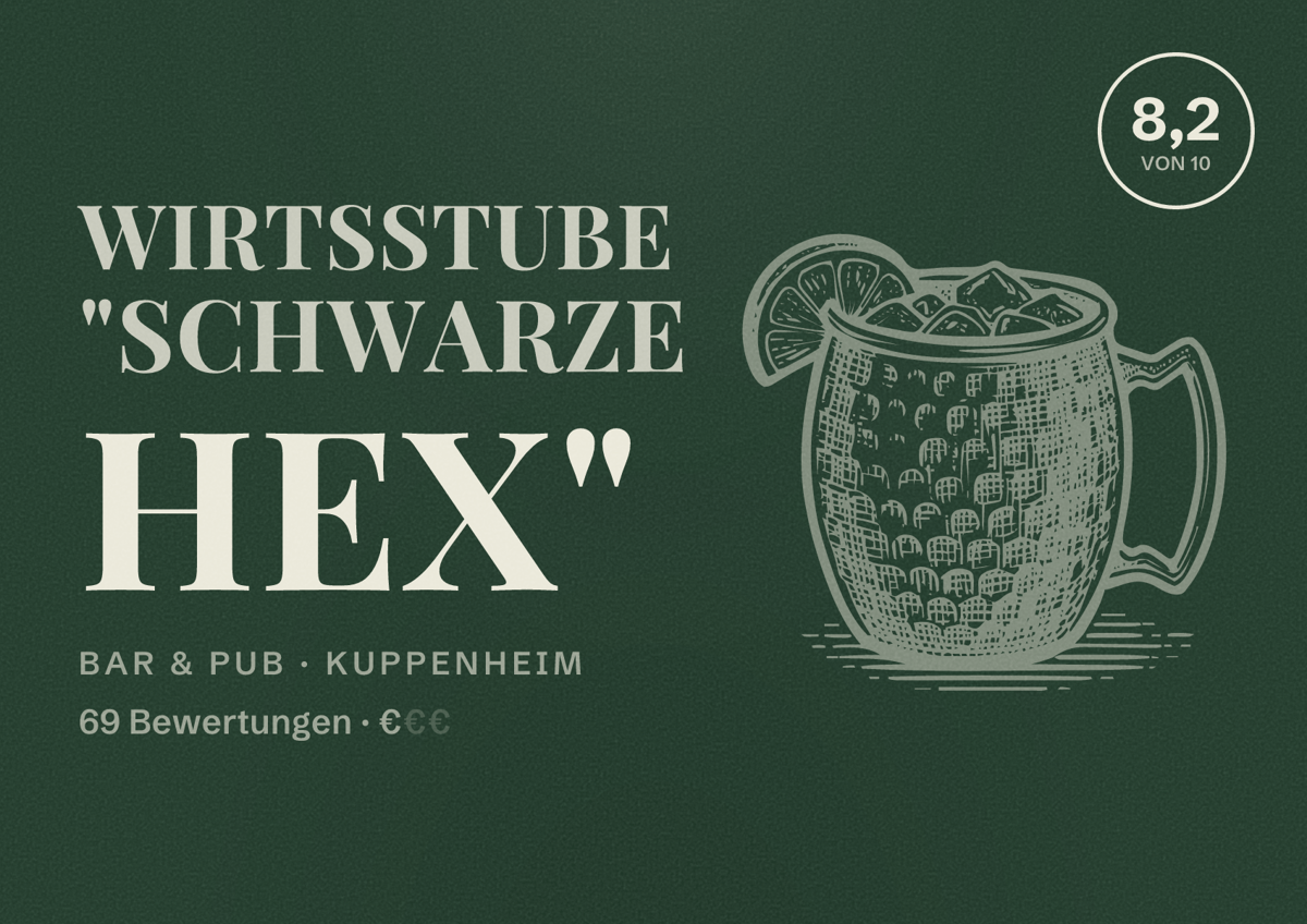 Illustriertes Poster von Wirtsstube "Schwarze Hex", Bar & Pub in Kuppenheim: Bewertung 8,2 von 10 aus 69 Bewertungen, Preisniveau €