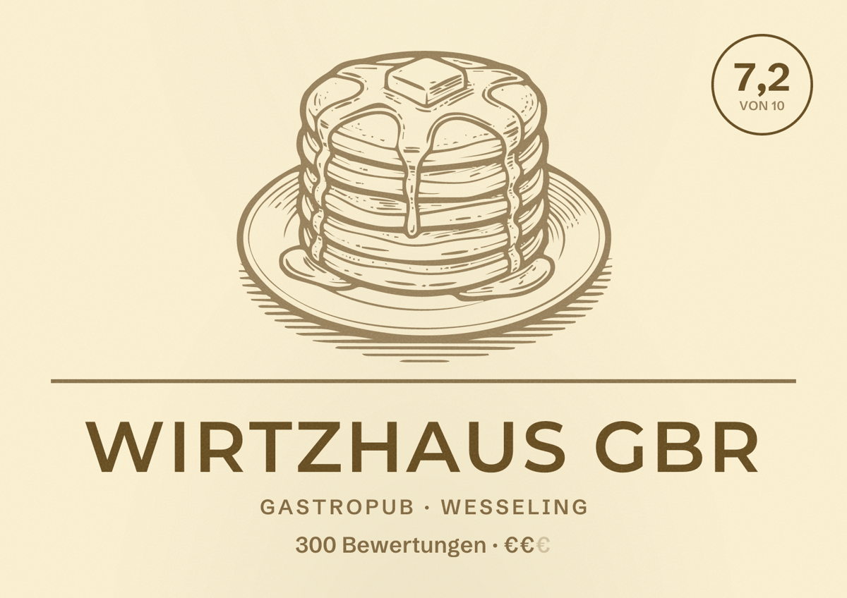 Illustriertes Poster von Wirtzhaus GbR, Gastropub in Wesseling: Bewertung 7,2 von 10 aus 300 Bewertungen, Preisniveau €€