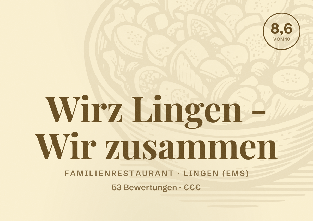 Illustriertes Poster von Wirz Lingen - Wir zusammen, Familienrestaurant in Lingen (Ems): Bewertung 8,6 von 10 aus 53 Bewertungen, Preisniveau €€
