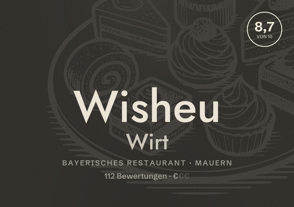 Illustriertes Poster von Wisheu Wirt, Bayerisches Restaurant in Mauern: Bewertung 8,7 von 10 aus 112 Bewertungen, Preisniveau €