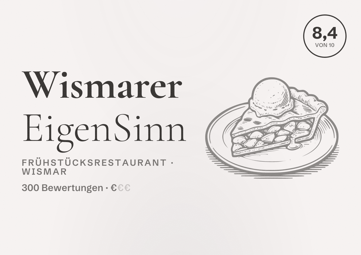 Illustriertes Poster von Wismarer EigenSinn, Frühstücksrestaurant in Wismar: Bewertung 8,4 von 10 aus 300 Bewertungen, Preisniveau €