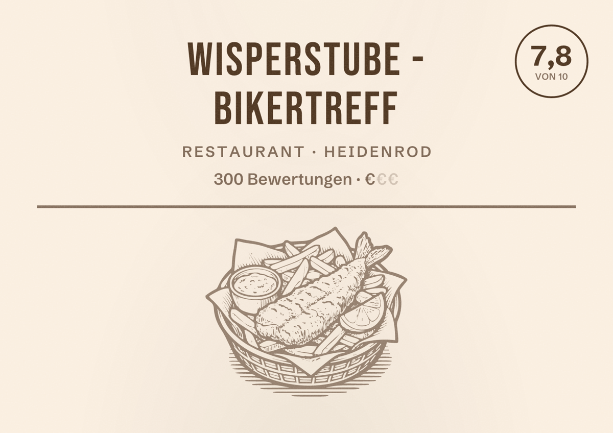 Illustriertes Poster von Wisperstube - Bikertreff, Restaurant in Heidenrod: Bewertung 7,8 von 10 aus 300 Bewertungen, Preisniveau €