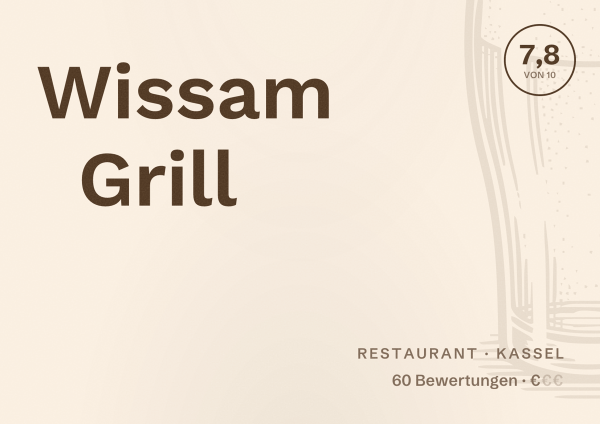 Illustriertes Poster von Wissam Grill, Restaurant in Kassel: Bewertung 7,8 von 10 aus 60 Bewertungen, Preisniveau €