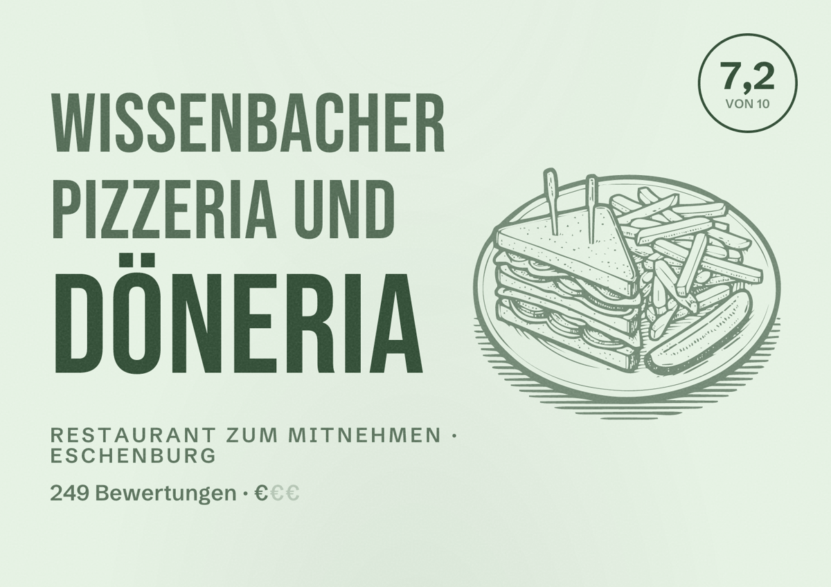 Illustriertes Poster von Wissenbacher Pizzeria und Döneria, Restaurant zum Mitnehmen in Eschenburg: Bewertung 7,2 von 10 aus 249 Bewertungen, Preisniveau €