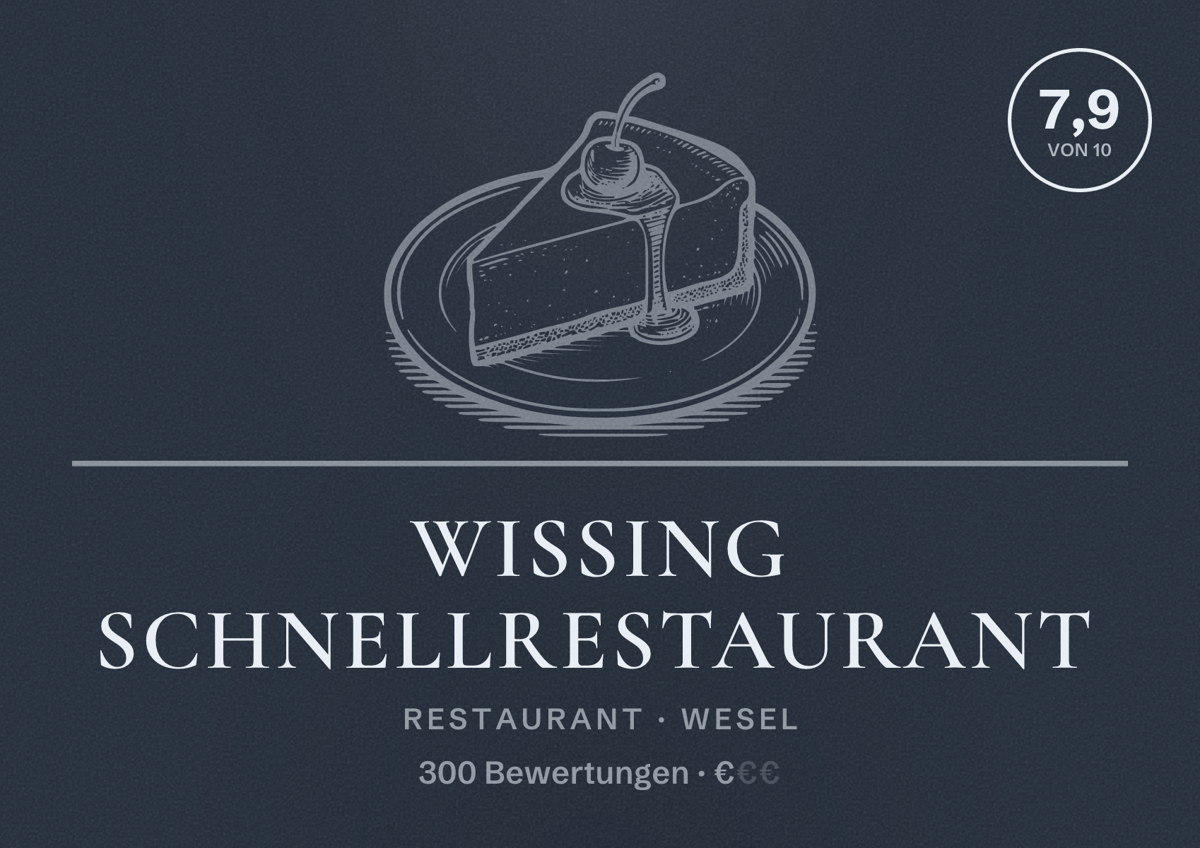 Illustriertes Poster von Wissing Schnellrestaurant, Restaurant in Wesel: Bewertung 7,9 von 10 aus 300 Bewertungen, Preisniveau €