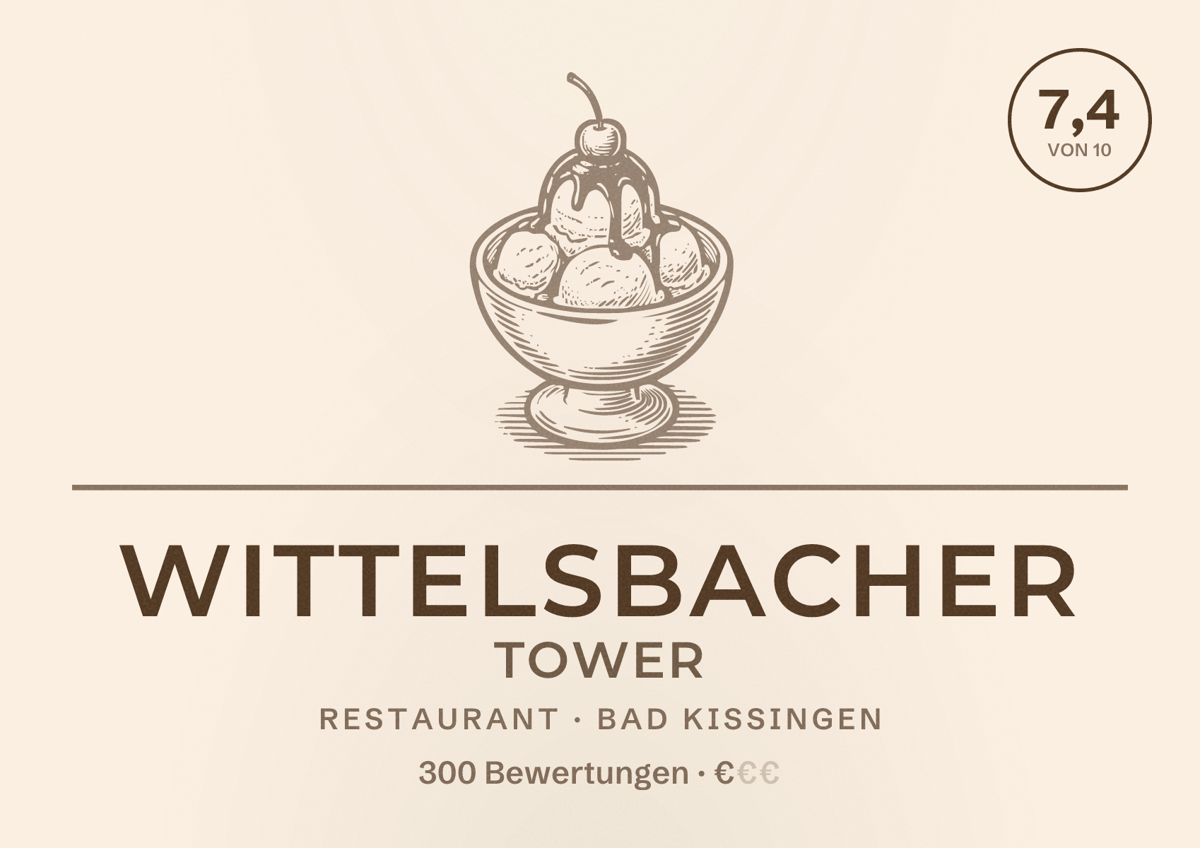 Illustriertes Poster von Wittelsbacher Tower, Restaurant in Bad Kissingen: Bewertung 7,4 von 10 aus 300 Bewertungen, Preisniveau €