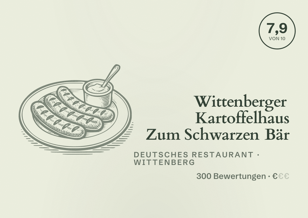 Illustriertes Poster von Wittenberger Kartoffelhaus Zum Schwarzen Bär, Deutsches Restaurant in Wittenberg: Bewertung 7,9 von 10 aus 300 Bewertungen, Preisniveau €